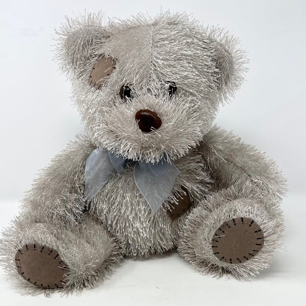 Bear B J Toy Plush Stuffed Silver‎ Gray Applique Brown Patches 9" Tall Long Hair